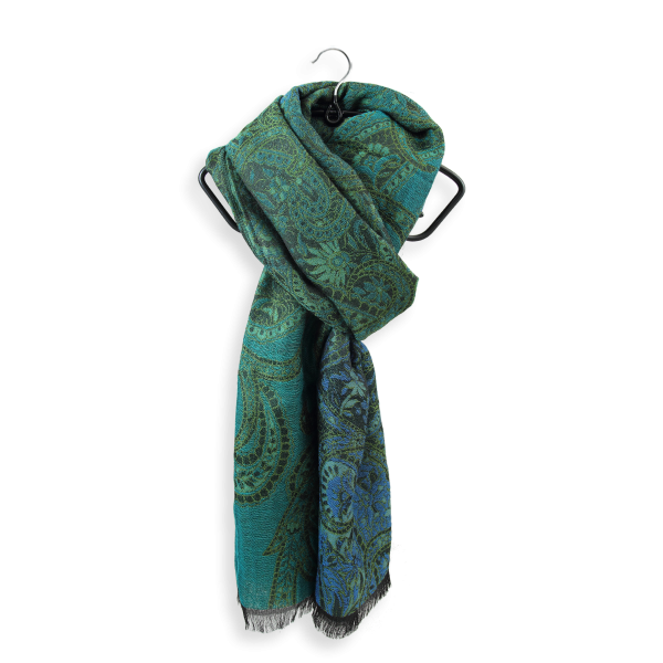 Green-turquoise-cotton-silk-wool-women’s-stole-Paisley