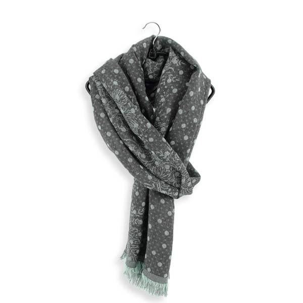 Grey-almond green-wool-cotton-silk-women’s-scarf-Dentelle