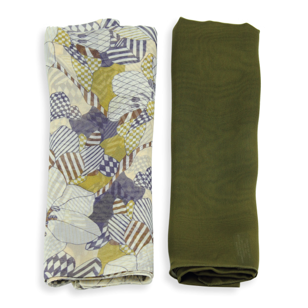 Women's-silk-duo-scarves-plain-green-printed-ecru-Valentin