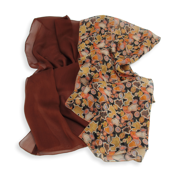 Women's-silk-duo-scarves-plain-brown-printed-golden-Valentin